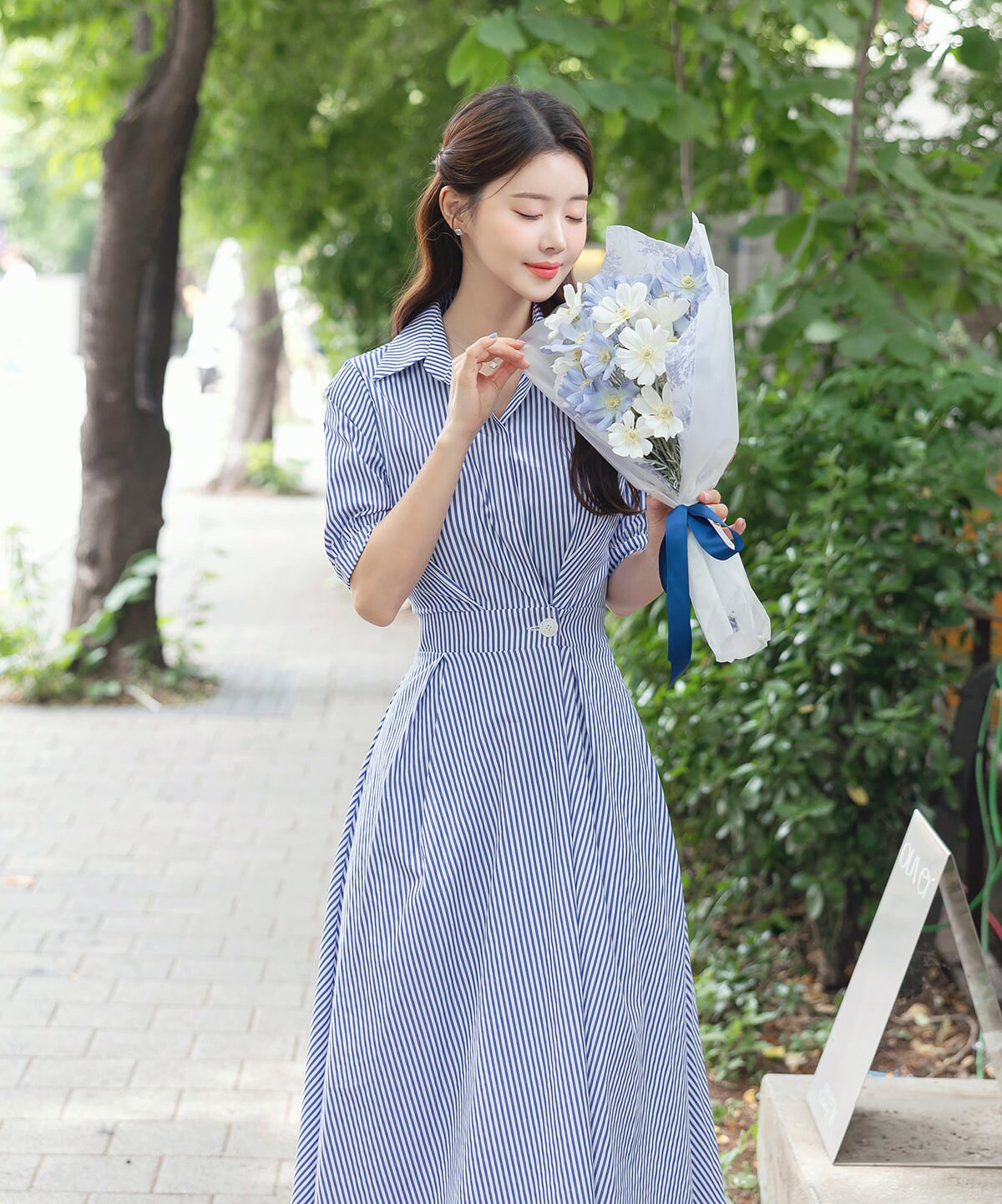 Elegant Feminine Striped Cotton Dress / Korean Style Summer Flare Midi Dress / Luxury wear Elegant Dress for Spring to Fall