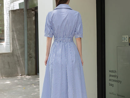 Elegant Feminine Striped Cotton Dress / Korean Style Summer Flare Midi Dress / Luxury wear Elegant Dress for Spring to Fall