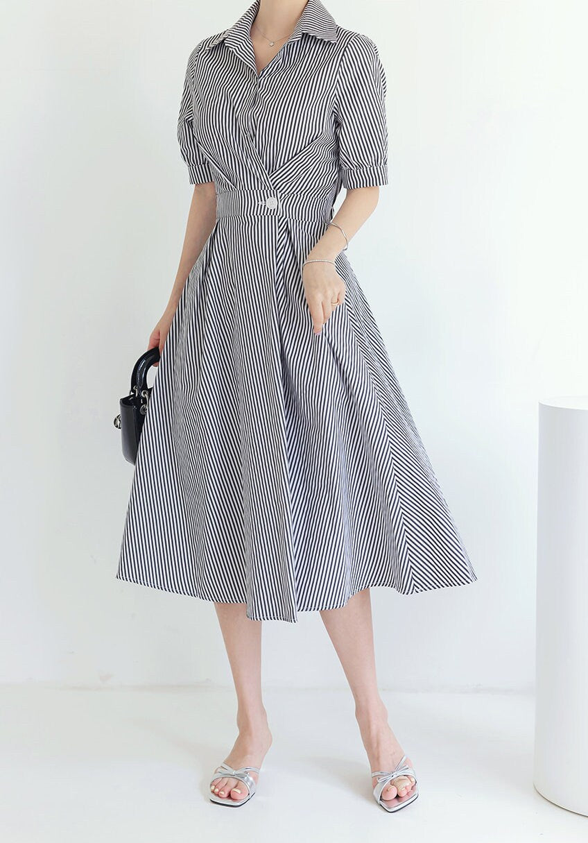 Elegant Feminine Striped Cotton Dress / Korean Style Summer Flare Midi Dress / Luxury wear Elegant Dress for Spring to Fall