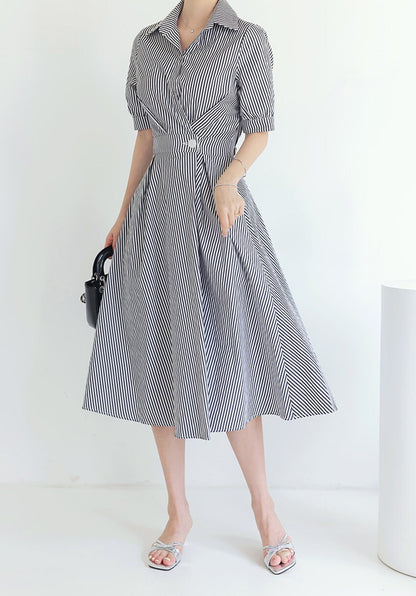 Elegant Feminine Striped Cotton Dress / Korean Style Summer Flare Midi Dress / Luxury wear Elegant Dress for Spring to Fall