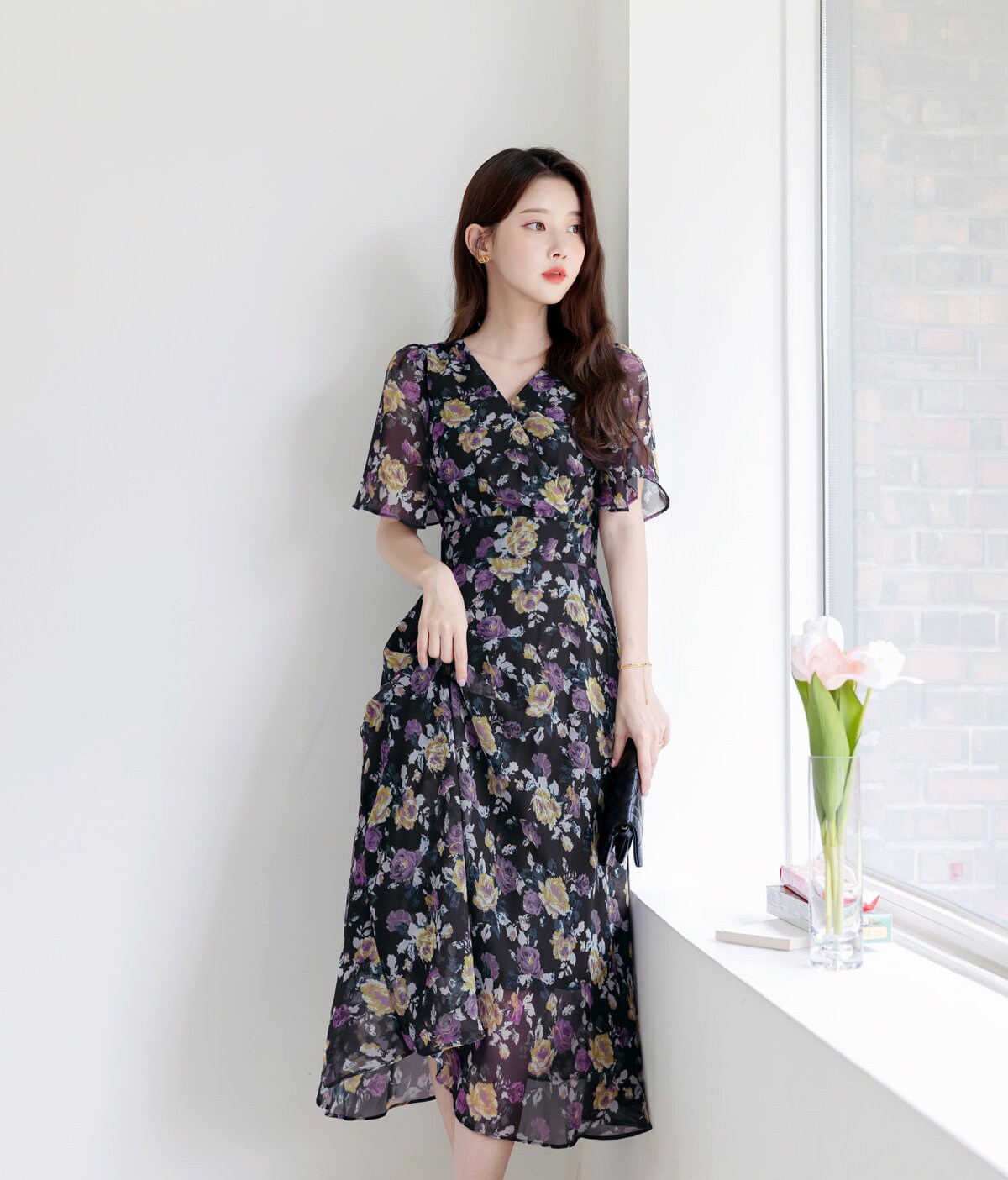 Summer Floral V Neck Chiffon Midi Dress / Korean Style Women Flare Dress / Lovely Long Dress