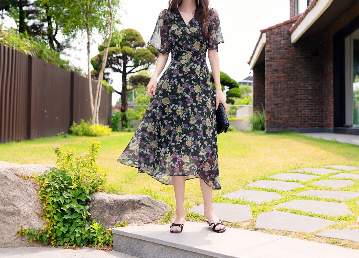 Summer Floral V Neck Chiffon Midi Dress / Korean Style Women Flare Dress / Lovely Long Dress