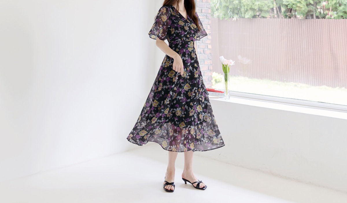 Summer Floral V Neck Chiffon Midi Dress / Korean Style Women Flare Dress / Lovely Long Dress