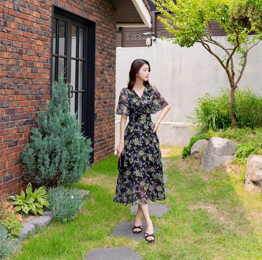 Summer Floral V Neck Chiffon Midi Dress / Korean Style Women Flare Dress / Lovely Long Dress