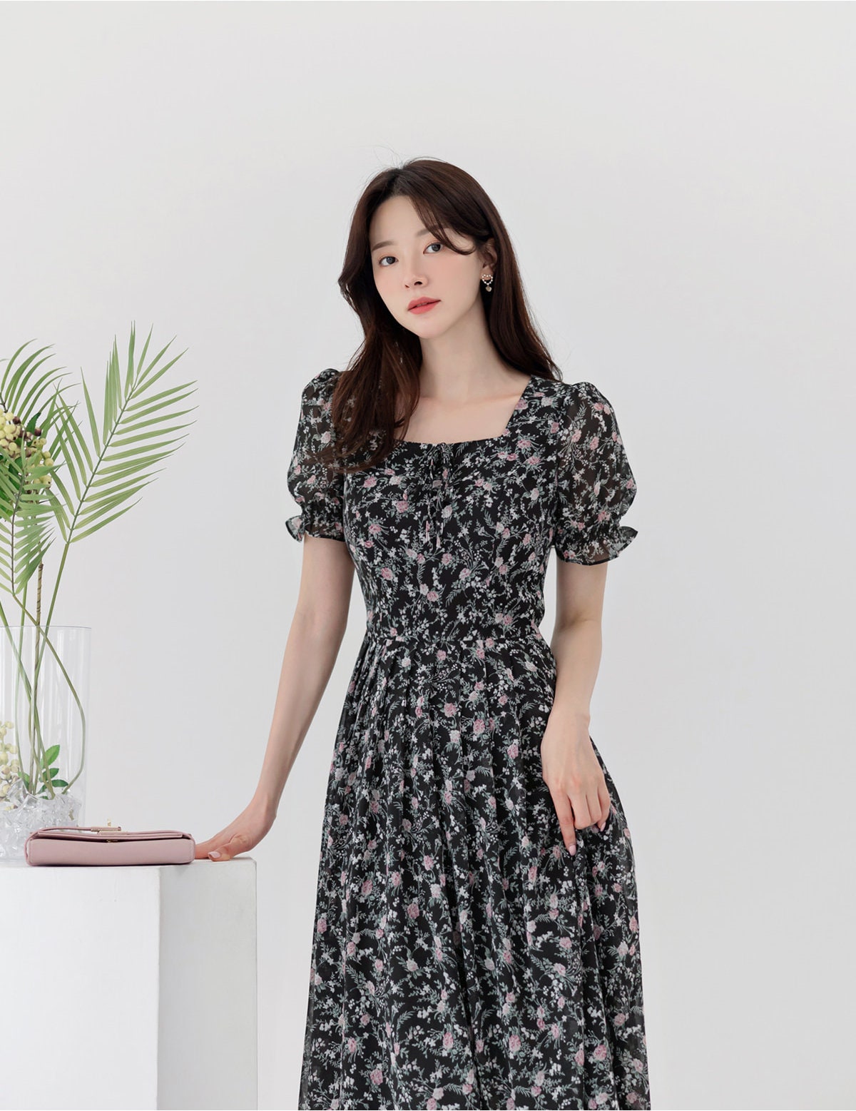 Summer Floral Chiffon Square Neck Short Sleeve Midi Dress / Korean Style Women Flare Dress / Lovely Long Dress