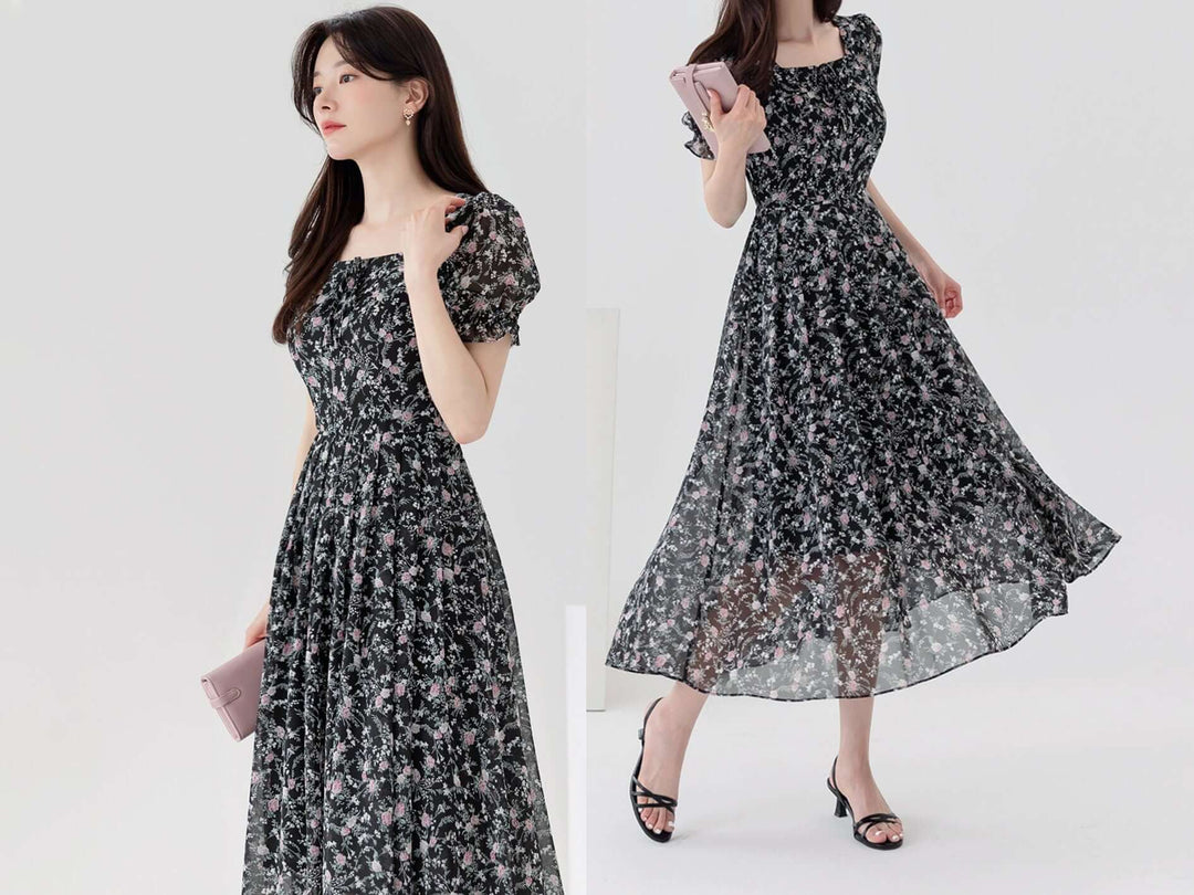 Summer Floral Chiffon Square Neck Midi Dress  STUDIO731