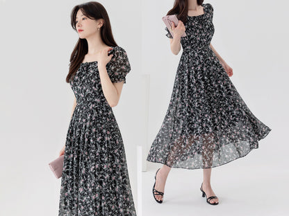 Summer Floral Chiffon Square Neck Short Sleeve Midi Dress / Korean Style Women Flare Dress / Lovely Long Dress