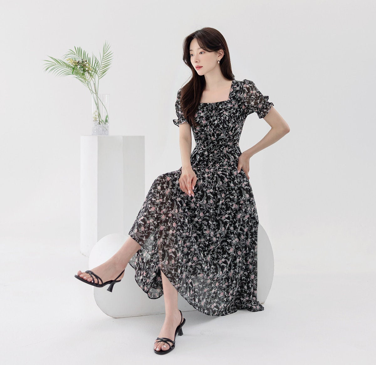 Summer Floral Chiffon Square Neck Short Sleeve Midi Dress / Korean Style Women Flare Dress / Lovely Long Dress