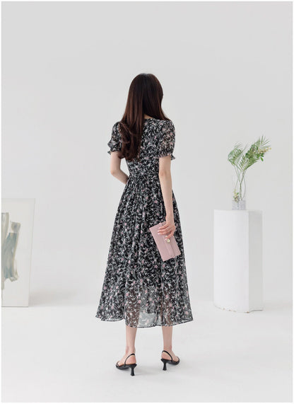 Summer Floral Chiffon Square Neck Short Sleeve Midi Dress / Korean Style Women Flare Dress / Lovely Long Dress