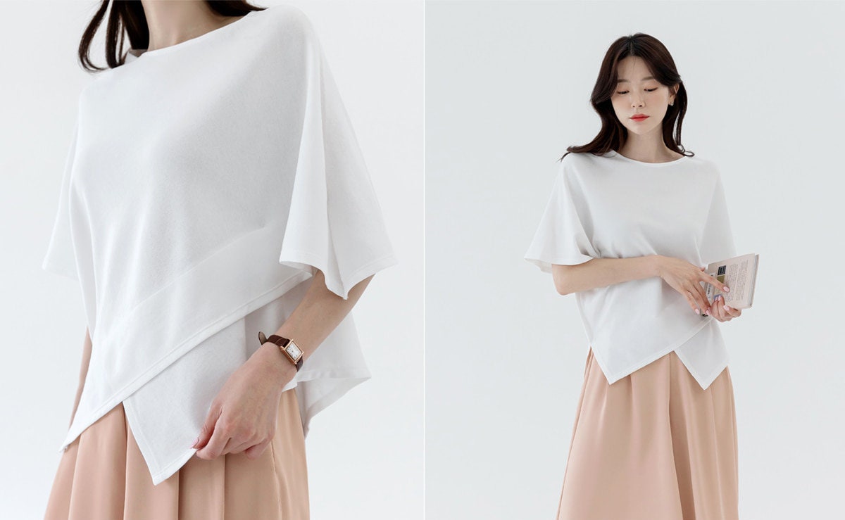 Spring Summer Loose Fit Cross Cape Top / Korean Style Women Clothes / Office Look Basic Top / Everyday Soft Blouse