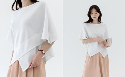 Spring Summer Loose Fit Cross Cape Top / Korean Style Women Clothes / Office Look Basic Top / Everyday Soft Blouse