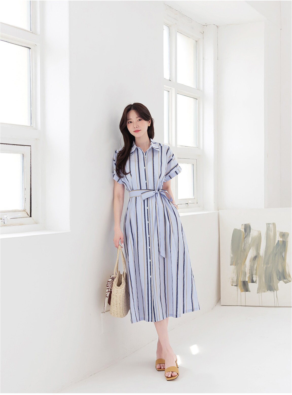 Elegant Feminin Short Sleeve Robe Style Shirtdress with Belt / Korean Style Striped Pattern Summer Midi Dress