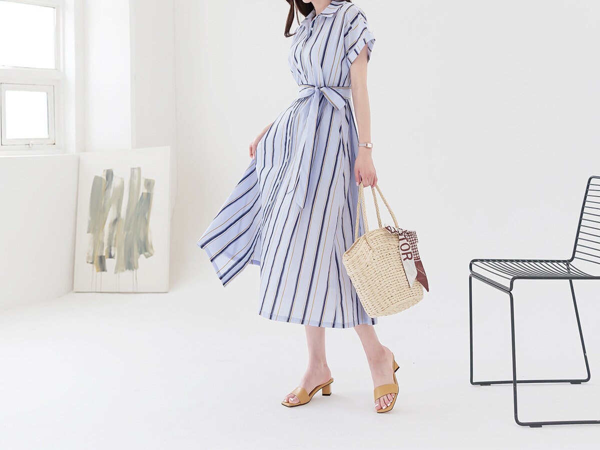 Elegant Feminin Short Sleeve Robe Style Shirtdress with Belt / Korean Style Striped Pattern Summer Midi Dress