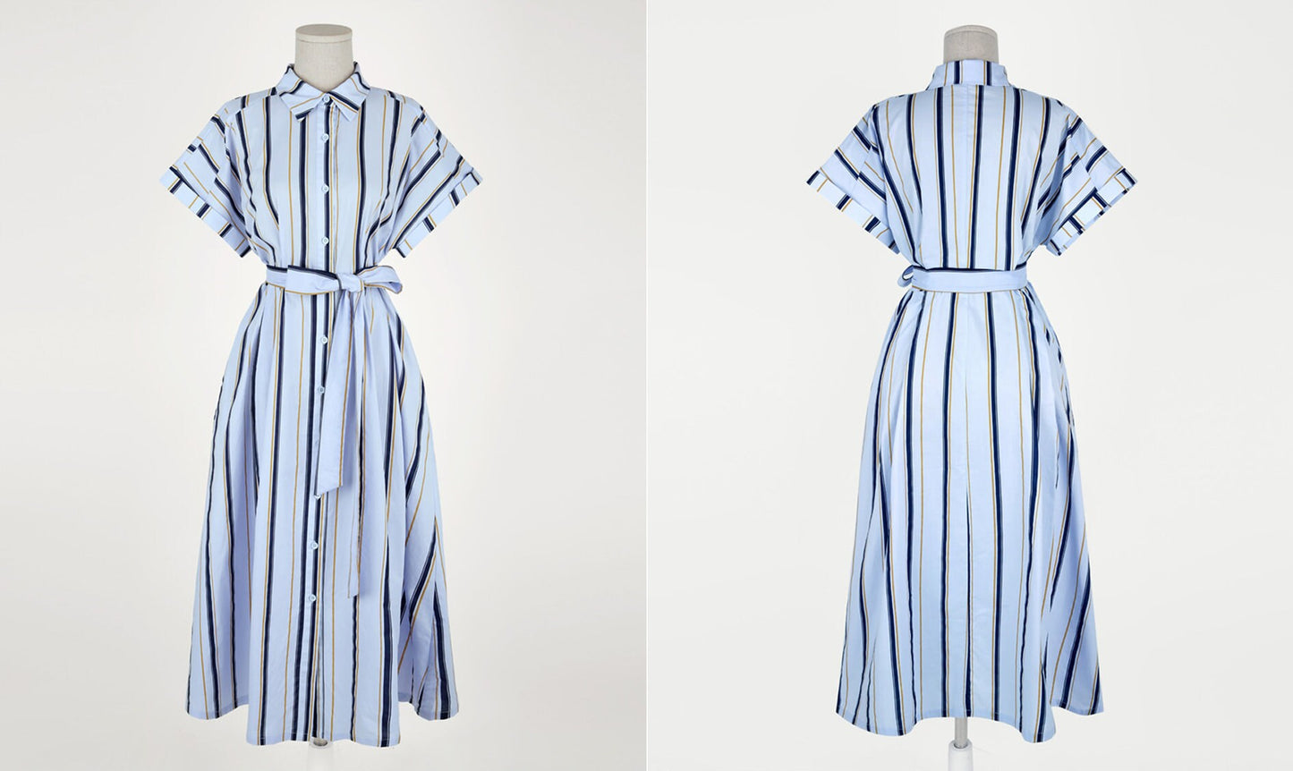 Elegant Feminin Short Sleeve Robe Style Shirtdress with Belt / Korean Style Striped Pattern Summer Midi Dress