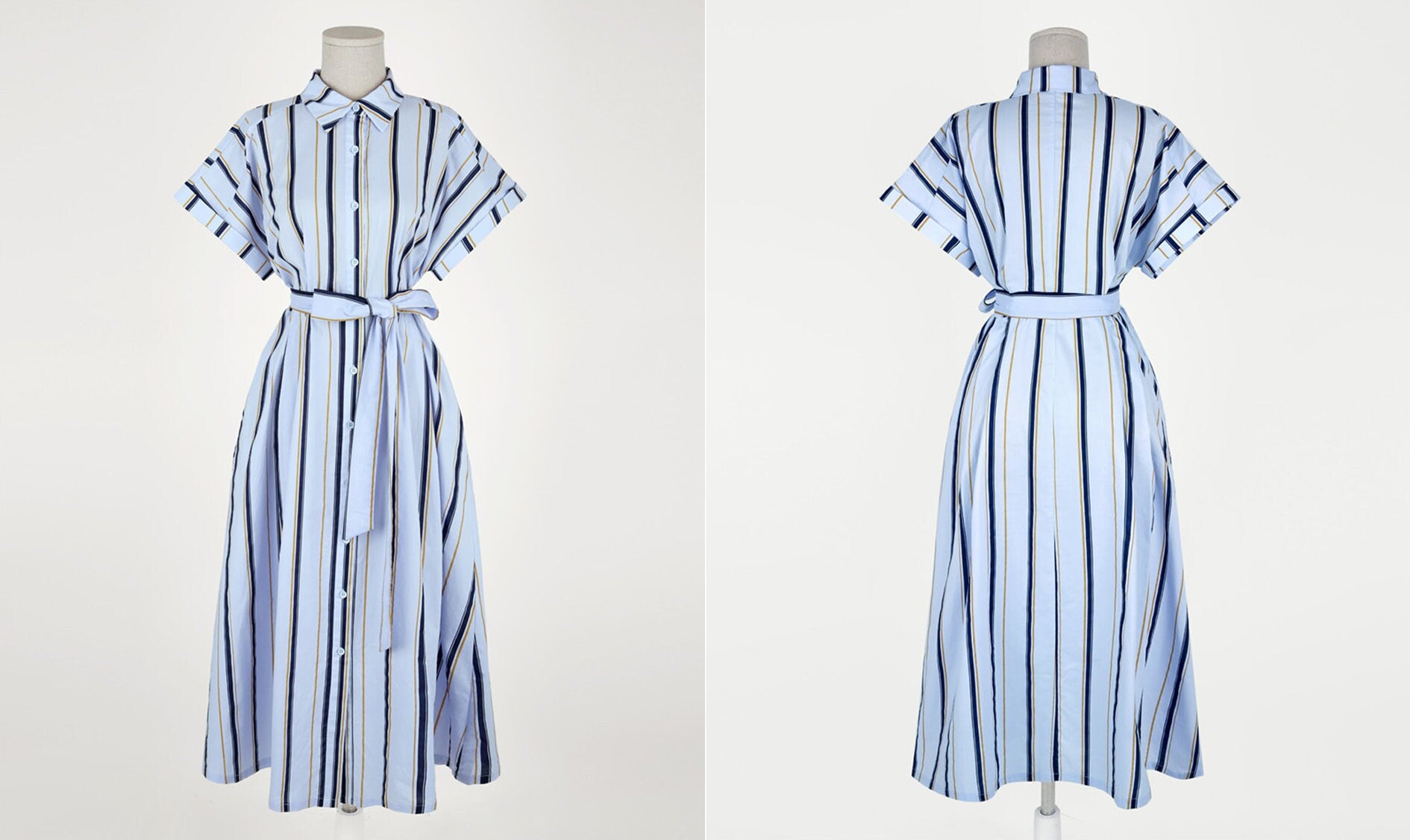 Elegant Feminin Short Sleeve Robe Style Shirtdress with Belt / Korean Style Striped Pattern Summer Midi Dress