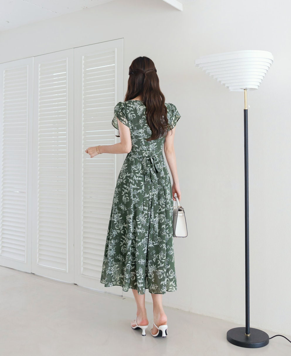 Elegant Feminin Summer Floral Chiffon Dress / Korean Style Short Sleeve Flare Dress / Short Sleeve Midi Dress