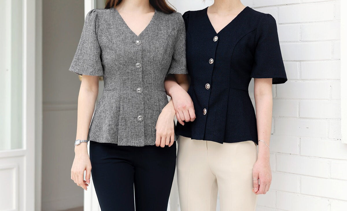 Elegant Feminin V Neck Peplum Top Jacket Blouse / Korean Style Sort Sleeve Summer Top Blouse / Front Button Daily Top