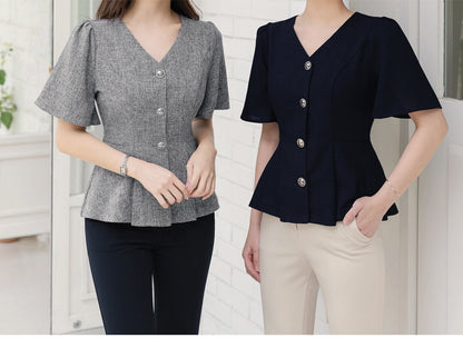 Elegant Feminin V Neck Peplum Top Jacket Blouse / Korean Style Sort Sleeve Summer Top Blouse / Front Button Daily Top