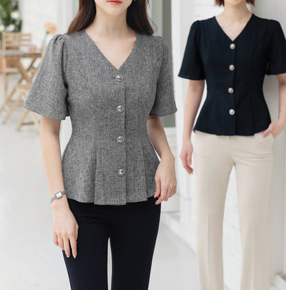 Elegant Feminin V Neck Peplum Top Jacket Blouse / Korean Style Sort Sleeve Summer Top Blouse / Front Button Daily Top