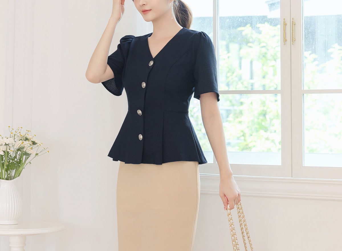 Elegant Feminin V Neck Peplum Top Jacket Blouse / Korean Style Sort Sleeve Summer Top Blouse / Front Button Daily Top