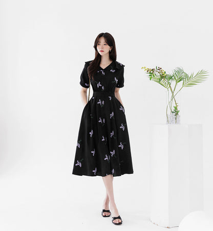 Feminin Ruffled Flat Collar Neck Summer Short Sleeve Flare Dress / Korean Style Women Dress