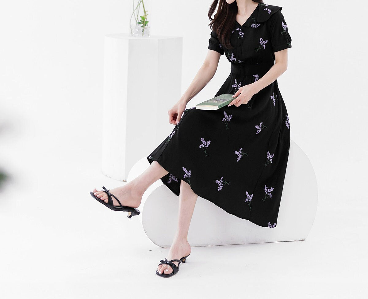 Feminin Ruffled Flat Collar Neck Summer Short Sleeve Flare Dress / Korean Style Women Dress