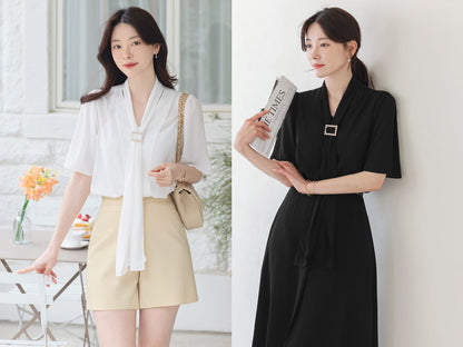 Elegant Feminin Half Sleeve Tie Neck Chiffon Blouse with Pearl Buckle / Korean Style Luxury Feminine Women Clothes / Everyday Soft Blouse