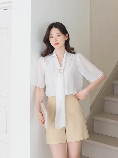 Elegant Feminin Half Sleeve Tie Neck Chiffon Blouse with Pearl Buckle / Korean Style Luxury Feminine Women Clothes / Everyday Soft Blouse