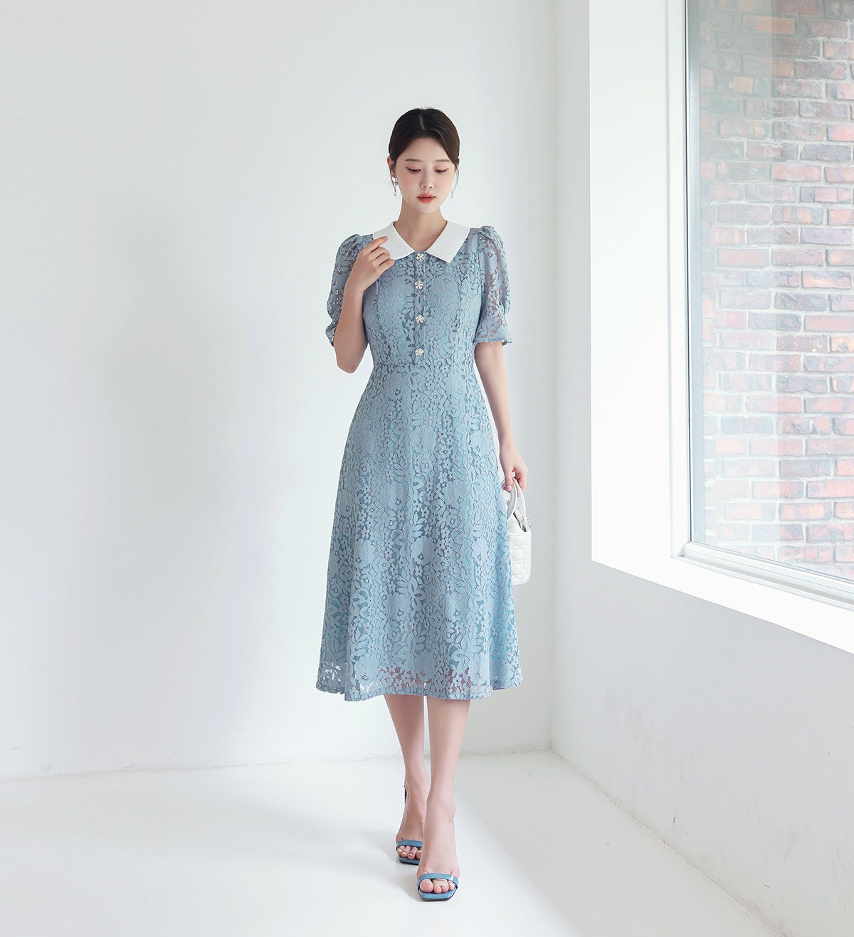 Elegant Classic Short Sleeve Lace Dress for Summer / Korean Style Feminine Lace Midi Dress