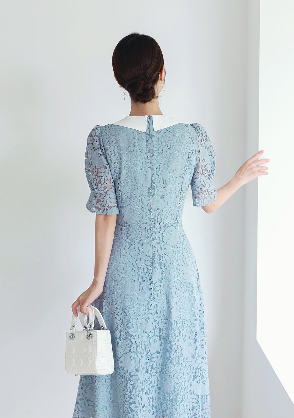 Elegant Classic Short Sleeve Lace Dress for Summer / Korean Style Feminine Lace Midi Dress