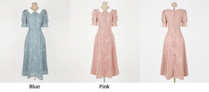 Elegant Classic Short Sleeve Lace Dress for Summer / Korean Style Feminine Lace Midi Dress