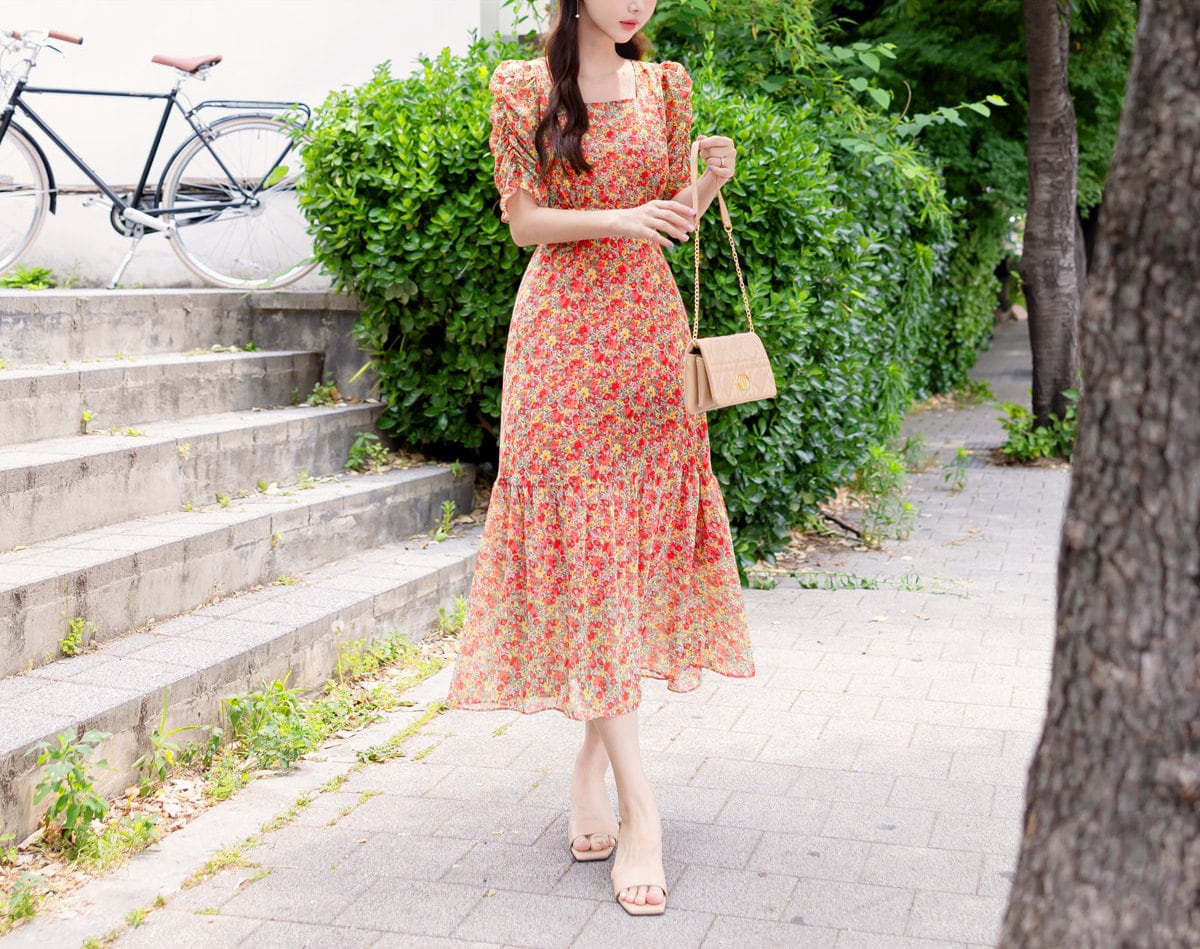 Summer Floral Puff Sleeve Square Neck Chiffon Midi Dress / Korean Style Women Dress / Lovely Long Dress