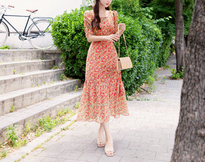 Summer Floral Puff Sleeve Square Neck Chiffon Midi Dress / Korean Style Women Dress / Lovely Long Dress