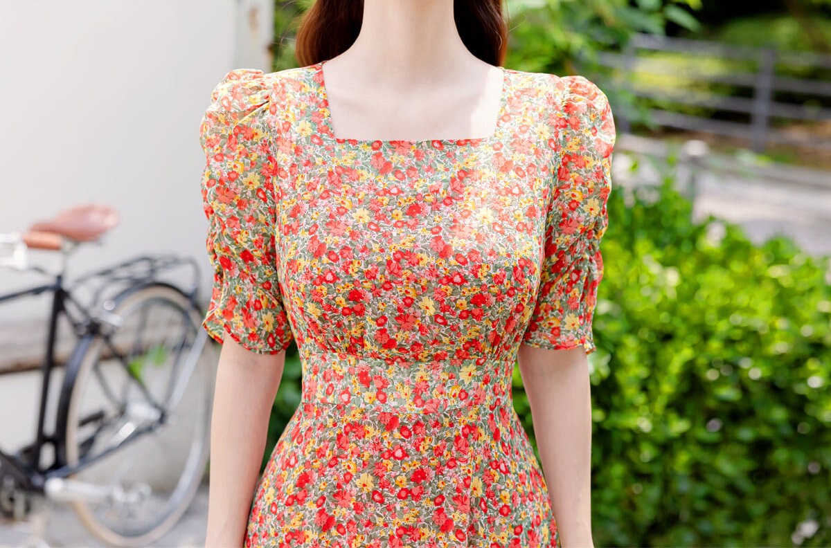 Summer Floral Puff Sleeve Square Neck Chiffon Midi Dress / Korean Style Women Dress / Lovely Long Dress