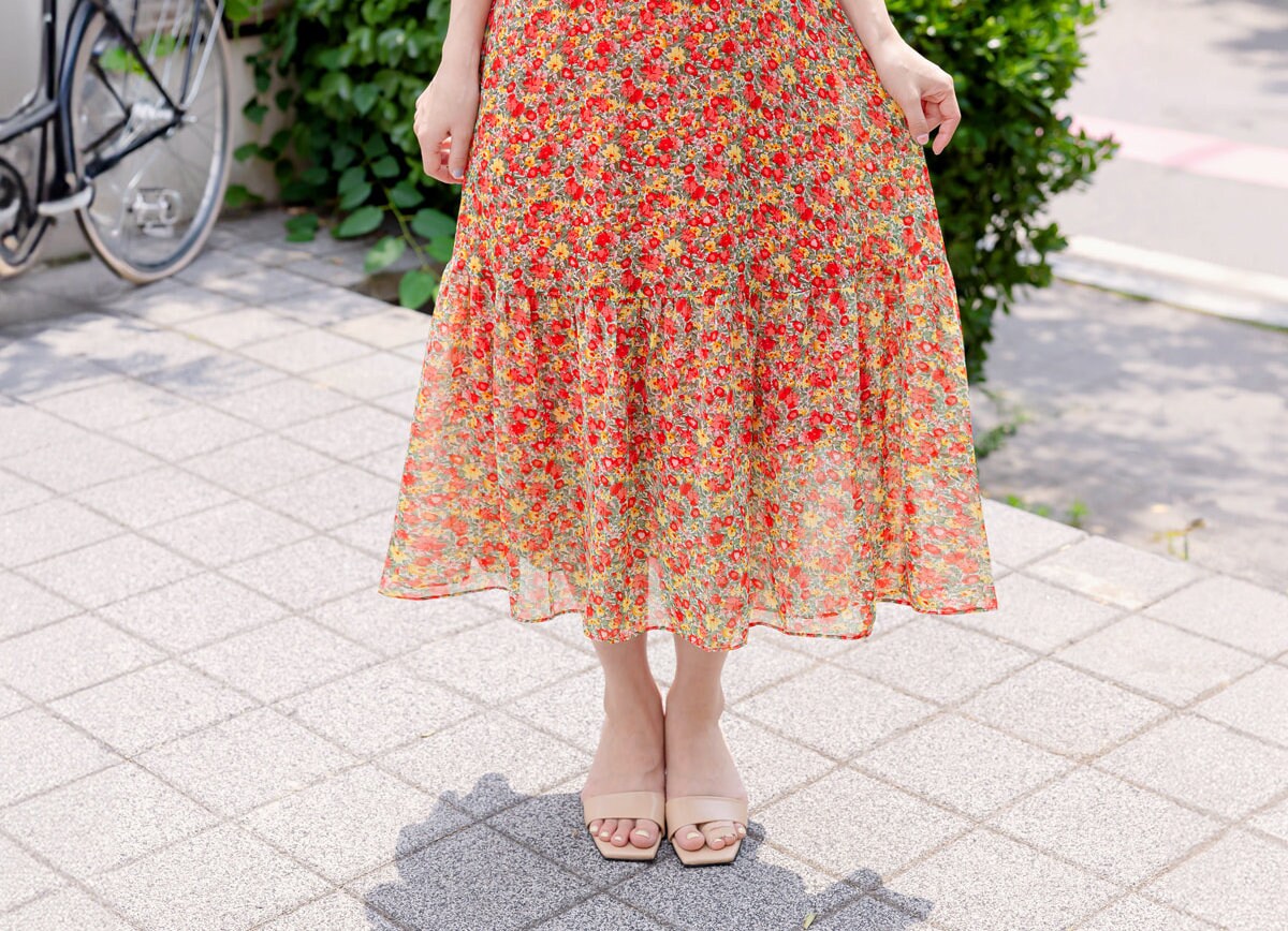 Summer Floral Puff Sleeve Square Neck Chiffon Midi Dress / Korean Style Women Dress / Lovely Long Dress