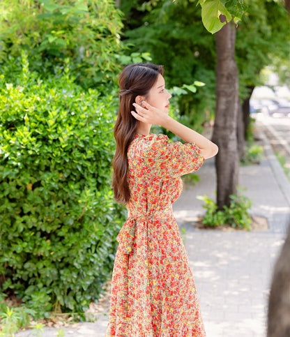 Summer Floral Puff Sleeve Square Neck Chiffon Midi Dress / Korean Style Women Dress / Lovely Long Dress