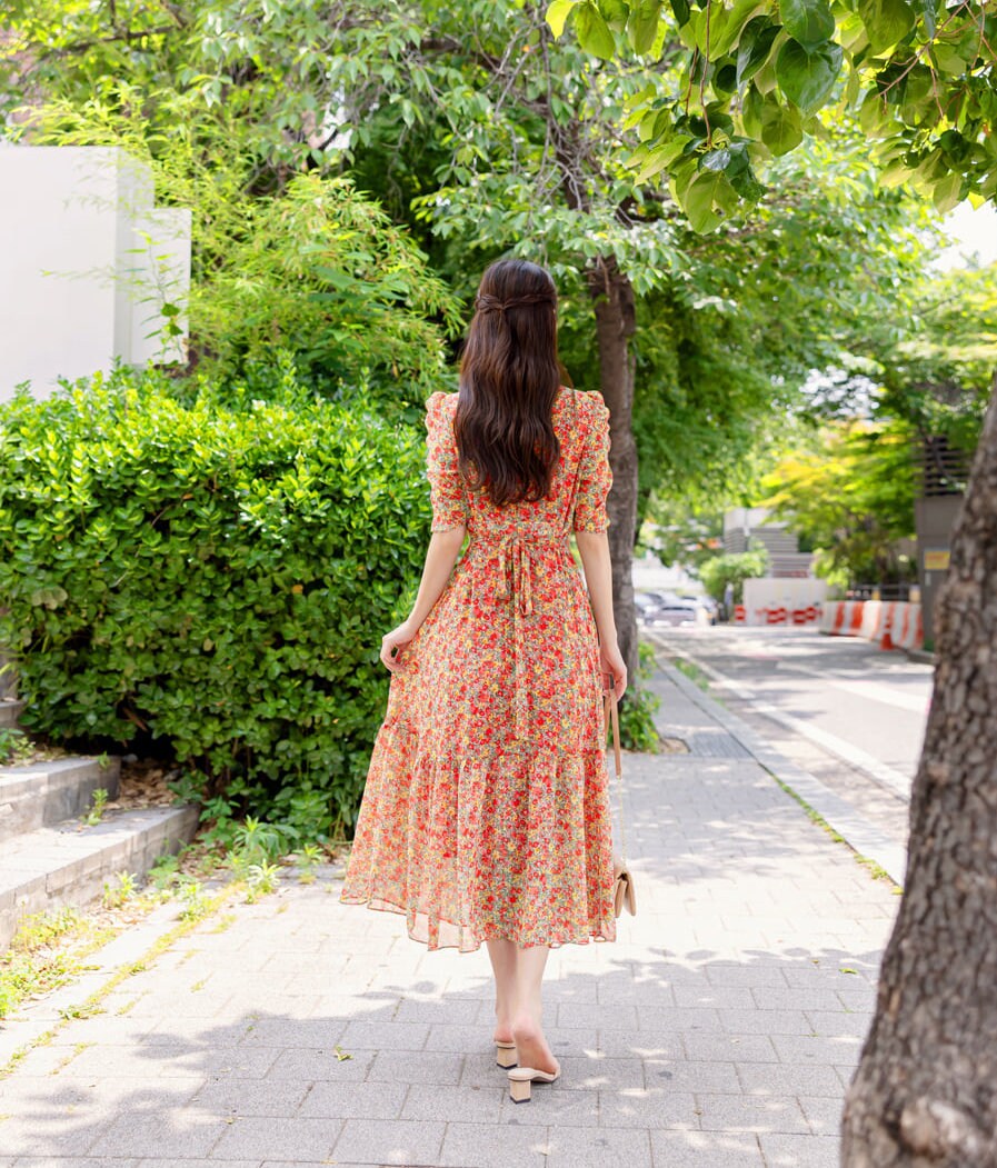 Summer Floral Puff Sleeve Square Neck Chiffon Midi Dress / Korean Style Women Dress / Lovely Long Dress