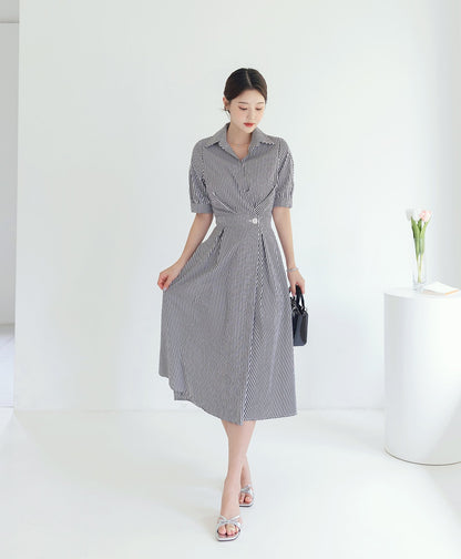 Elegant Feminine Striped Cotton Dress / Korean Style Summer Flare Midi Dress / Luxury wear Elegant Dress for Spring to Fall