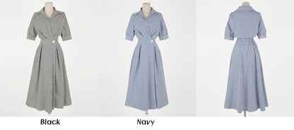 Elegant Feminine Striped Cotton Dress / Korean Style Summer Flare Midi Dress / Luxury wear Elegant Dress for Spring to Fall