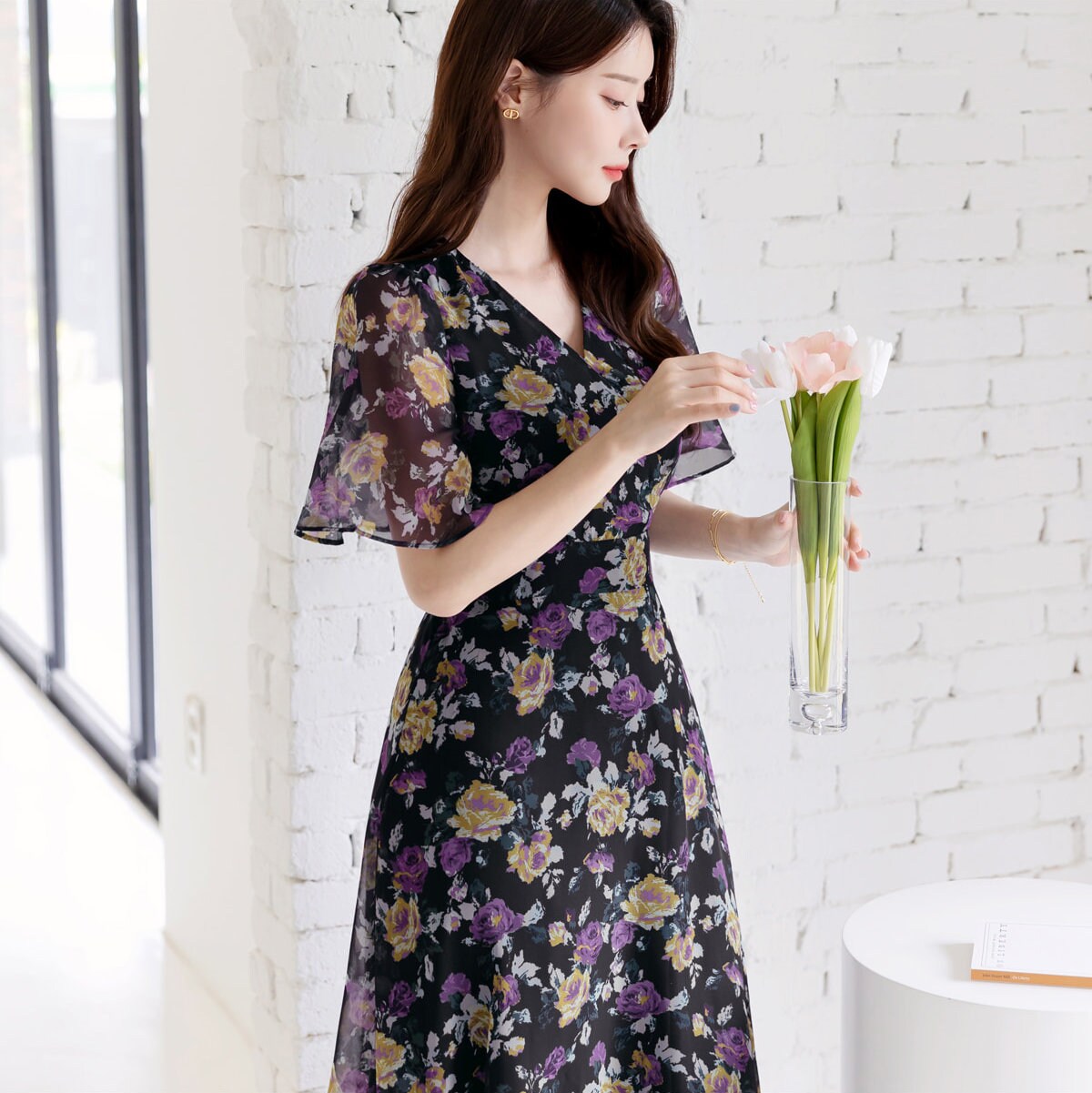 Summer Floral V Neck Chiffon Midi Dress / Korean Style Women Flare Dress / Lovely Long Dress