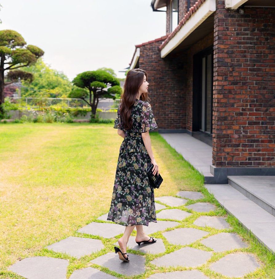 Summer Floral V Neck Chiffon Midi Dress / Korean Style Women Flare Dress / Lovely Long Dress