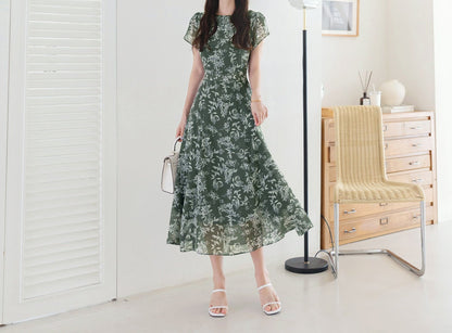 Elegant Feminin Summer Floral Chiffon Dress / Korean Style Short Sleeve Flare Dress / Short Sleeve Midi Dress