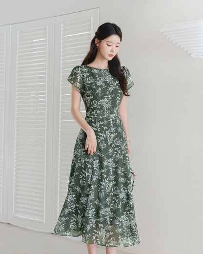 Elegant Feminin Summer Floral Chiffon Dress / Korean Style Short Sleeve Flare Dress / Short Sleeve Midi Dress