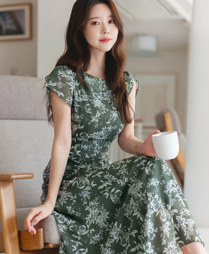 Elegant Feminin Summer Floral Chiffon Dress / Korean Style Short Sleeve Flare Dress / Short Sleeve Midi Dress