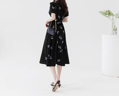 Feminin Ruffled Flat Collar Neck Summer Short Sleeve Flare Dress / Korean Style Women Dress