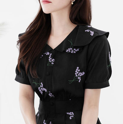 Feminin Ruffled Flat Collar Neck Summer Short Sleeve Flare Dress / Korean Style Women Dress