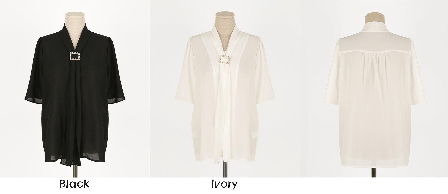 Elegant Feminin Half Sleeve Tie Neck Chiffon Blouse with Pearl Buckle / Korean Style Luxury Feminine Women Clothes / Everyday Soft Blouse