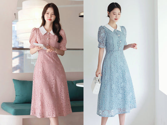 Elegant Classic Short Sleeve Lace Dress for Summer / Korean Style Feminine Lace Midi Dress