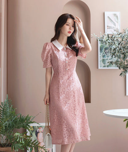 Elegant Classic Short Sleeve Lace Dress for Summer / Korean Style Feminine Lace Midi Dress