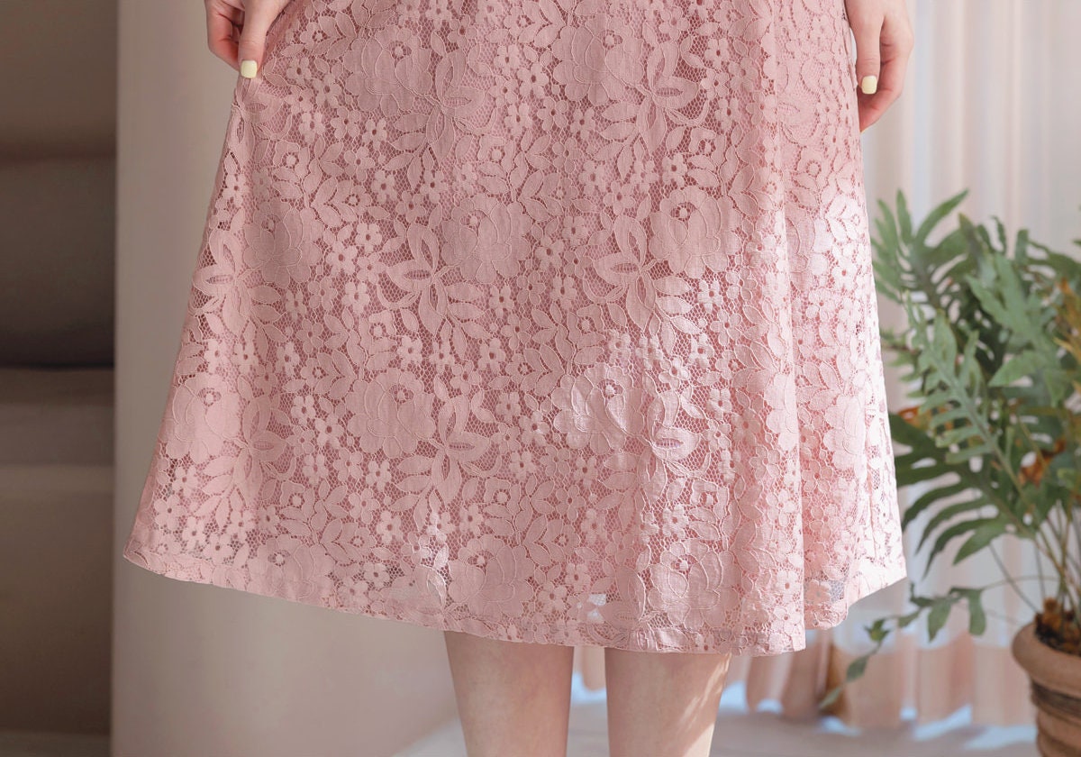 Elegant Classic Short Sleeve Lace Dress for Summer / Korean Style Feminine Lace Midi Dress